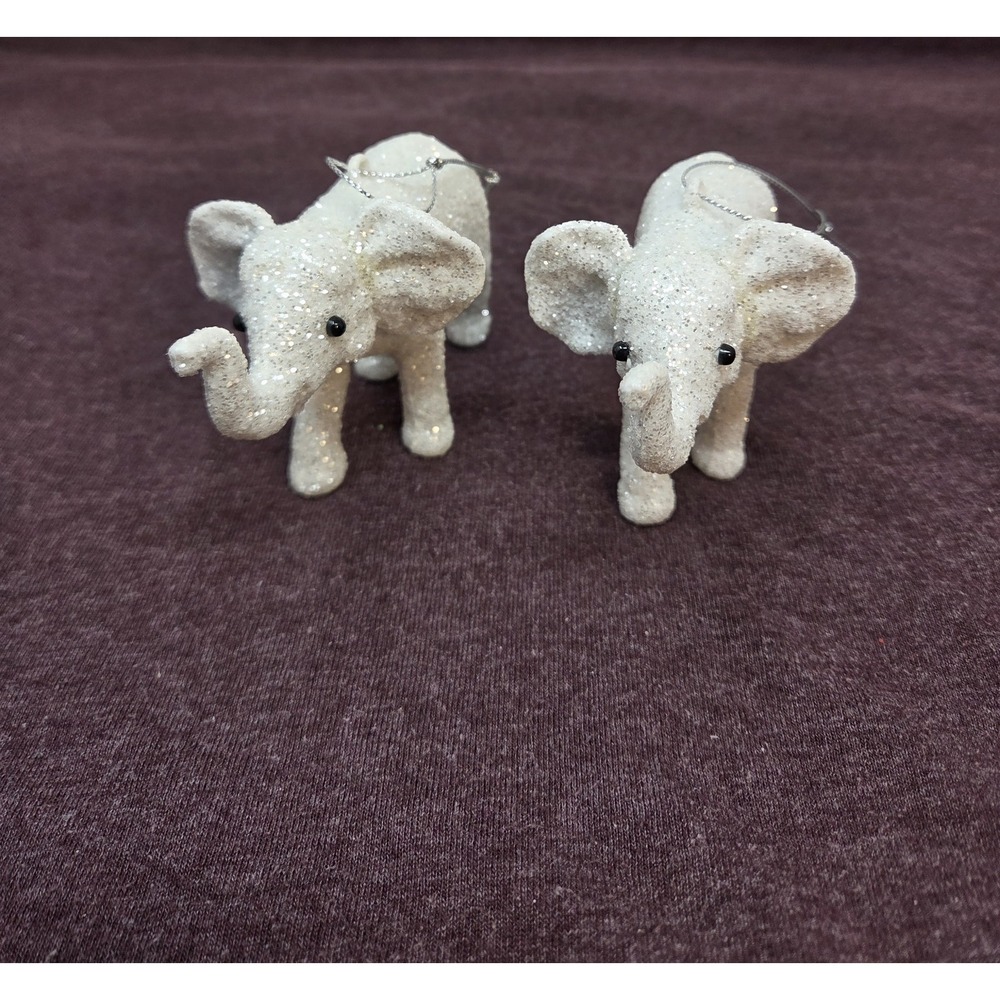 White Glitter Elephant Christmas Ornaments Set of 2 Sparkly Beaded Eyes 4in Long
